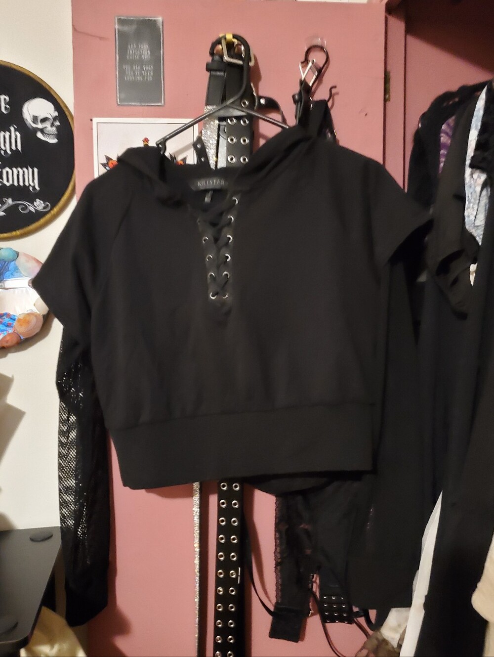 Hooded Lace Up Fishnet Shirt